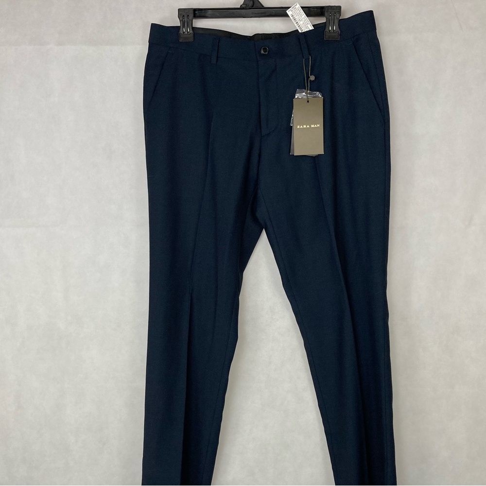 Zara Man Navy Pleated Slim Fit Dress Pants